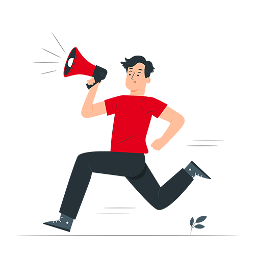 Illustration d'un homme courant à grande enjambée en parlant dans un mégaphone et portant un tshirt rouge